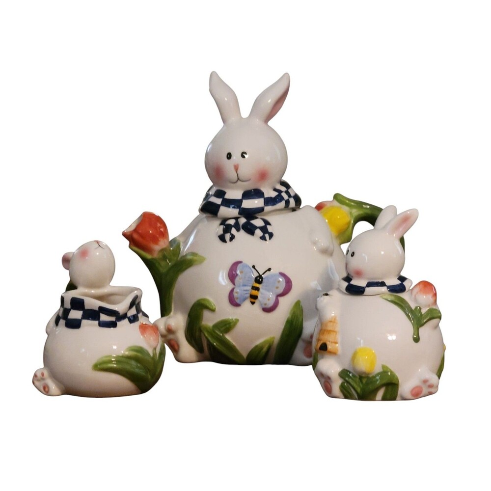 Mercuries 5 Pc Easter Bunny Tea Set Springtime Bunny Ceramic Tea Pot Sugar Cream